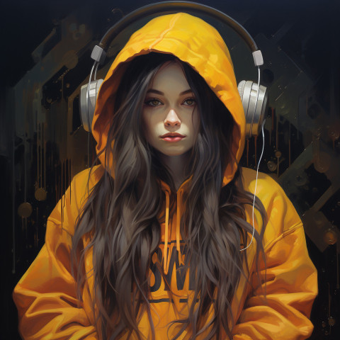 A woman with long hair and a yellow hoodie with the word music A woman with long hair and a yellow hoodie with the word music
