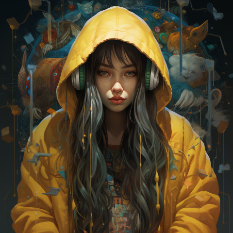 Woman in Yellow Hoodie with Music Word Woman in Yellow Hoodie with Music Word