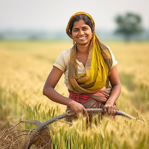 Smiling indian woman farm crop scout at work on blured background