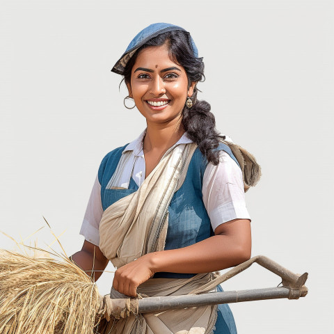 Friendly smiling indian woman farm irrigation specialist at work on white background Friendly smiling indian woman farm irrigation specialist at work on white background
