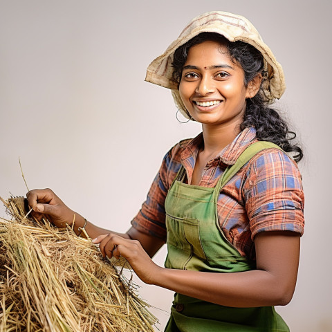 Friendly smiling indian woman farm irrigation specialist at work on white background Friendly smiling indian woman farm irrigation specialist at work on white background