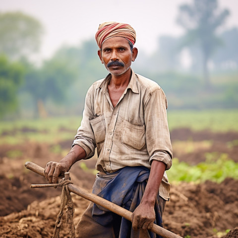Confident indian man farm laborer at work on blured background Confident indian man farm laborer at work on blured background
