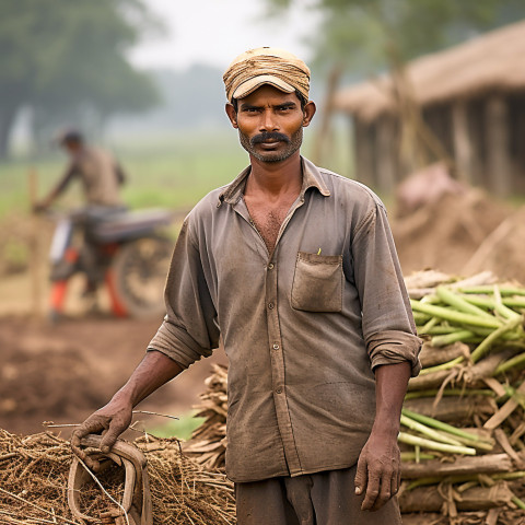 Confident indian man farm laborer at work on blured background Confident indian man farm laborer at work on blured background