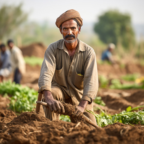Confident indian man farm laborer at work on blured background Confident indian man farm laborer at work on blured background