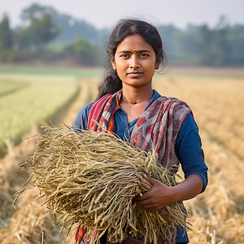 Confident indian woman farm harvest worker at work on blured background Confident indian woman farm harvest worker at work on blured background