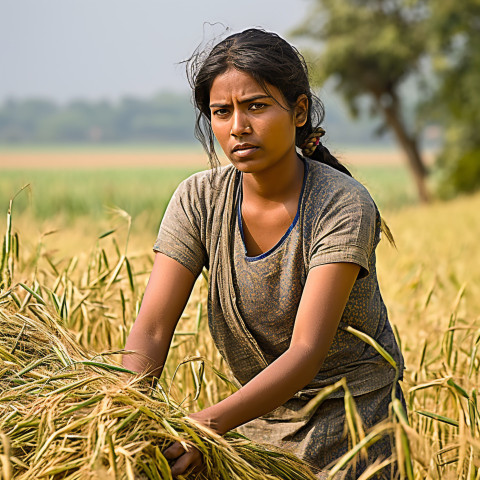 Confident indian woman farm harvest worker at work on blured background Confident indian woman farm harvest worker at work on blured background