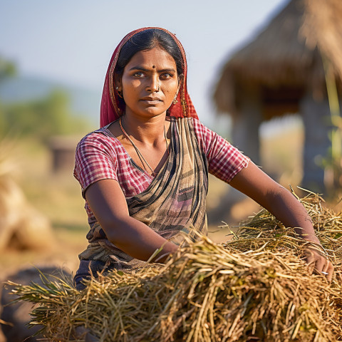 Confident indian woman farm harvest worker at work on blured background Confident indian woman farm harvest worker at work on blured background