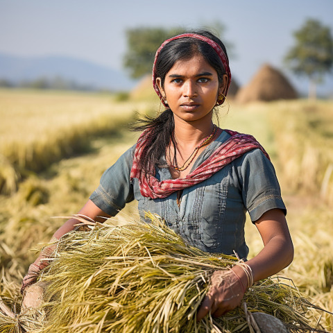 Confident indian woman farm harvest worker at work on blured background Confident indian woman farm harvest worker at work on blured background