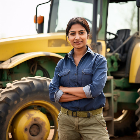 Confident indian woman farm tractor operator at work on blured background Confident indian woman farm tractor operator at work on blured background