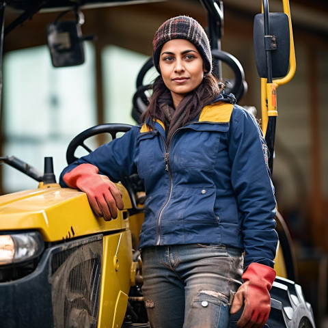 Confident indian woman farm tractor operator at work on blured background Confident indian woman farm tractor operator at work on blured background