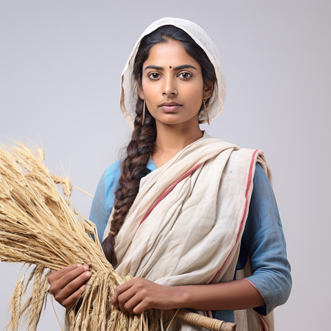 Confident indian woman farm harvest worker at work on blured background Confident indian woman farm harvest worker at work on blured background