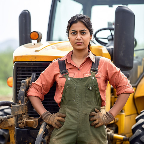 Confident indian woman farm tractor operator at work on blured background Confident indian woman farm tractor operator at work on blured background