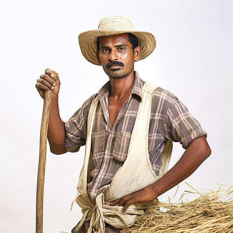 Confident indian man farm laborer at work on blured background Confident indian man farm laborer at work on blured background