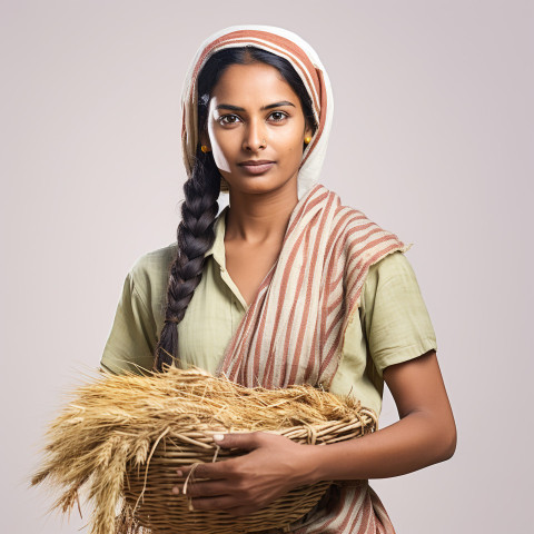 Confident indian woman farm harvest worker at work on blured background Confident indian woman farm harvest worker at work on blured background