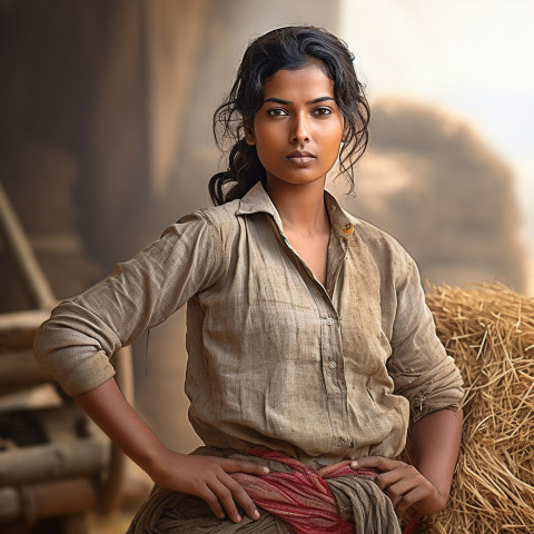 Confident indian woman farm laborer at work on blured background Confident indian woman farm laborer at work on blured background