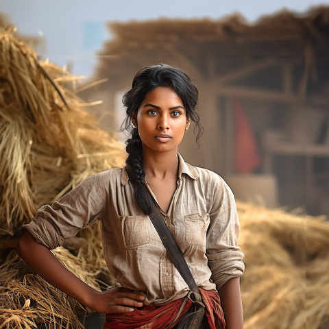 Confident indian woman farm laborer at work on blured background Confident indian woman farm laborer at work on blured background