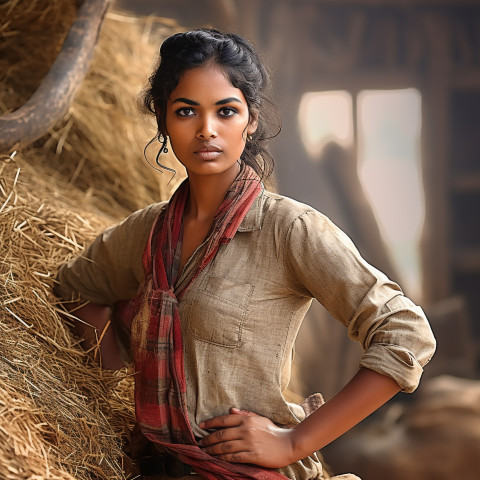 Confident indian woman farm laborer at work on blured background Confident indian woman farm laborer at work on blured background