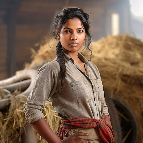 Confident indian woman farm laborer at work on blured background Confident indian woman farm laborer at work on blured background
