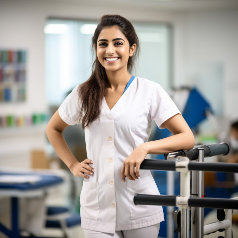 Friendly smiling beautiful indian woman physical therapist at work on blured background Friendly smiling beautiful indian woman physical therapist at work on blured background