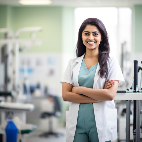 Friendly smiling beautiful indian woman physical therapist at work on blured background Friendly smiling beautiful indian woman physical therapist at work on blured background
