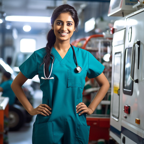 Friendly smiling beautiful indian woman paramedic at work on blured background Friendly smiling beautiful indian woman paramedic at work on blured background