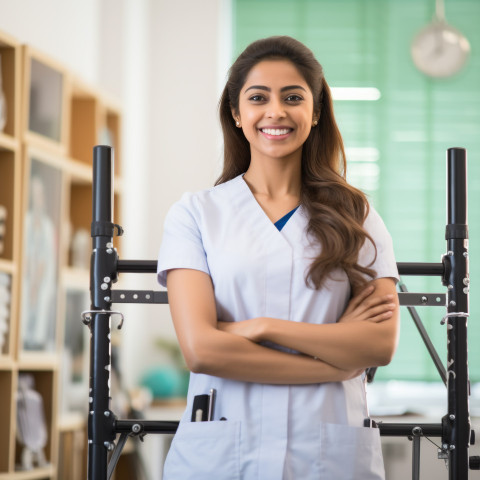Friendly smiling beautiful indian woman physical therapist at work on blured background Friendly smiling beautiful indian woman physical therapist at work on blured background