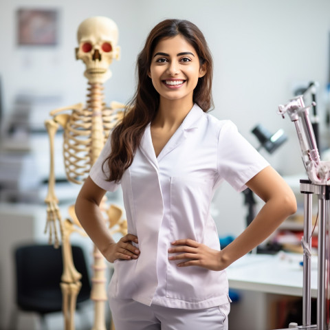 Friendly smiling beautiful indian woman physical therapist at work on blured background Friendly smiling beautiful indian woman physical therapist at work on blured background