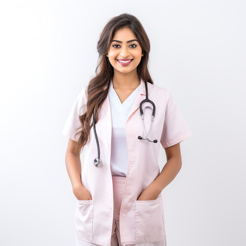 Friendly smiling beautiful indian woman home health aide at work on isolated white background
