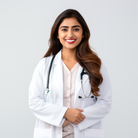 Friendly smiling beautiful indian woman patient advocate at work on isolated white background