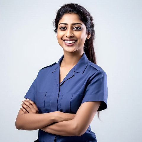 Friendly smiling beautiful indian woman hospital security personnel at work on isolated white background Friendly smiling beautiful indian woman hospital security personnel at work on isolated white background