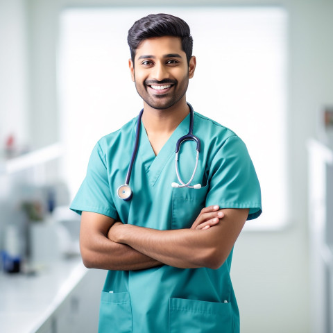 Friendly smiling handsome indian man nurse at work on white background Friendly smiling handsome indian man nurse at work on white background