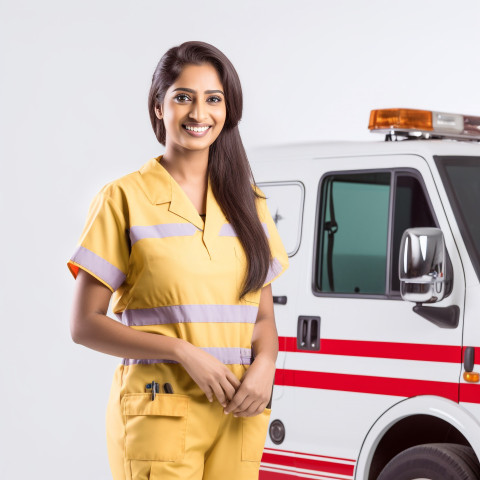 Friendly smiling beautiful indian woman paramedic at work on isolated white background Friendly smiling beautiful indian woman paramedic at work on isolated white background