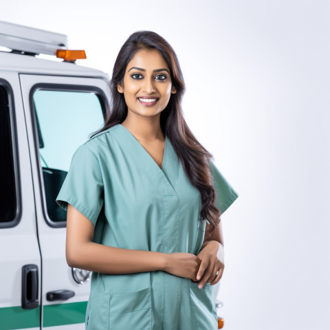 Friendly smiling beautiful indian woman paramedic at work on isolated white background Friendly smiling beautiful indian woman paramedic at work on isolated white background