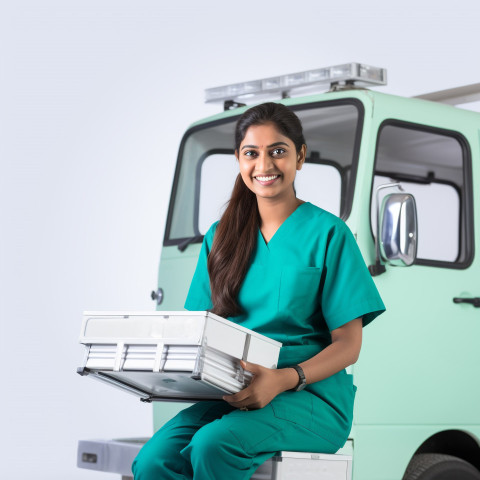 Friendly smiling beautiful indian woman paramedic at work on isolated white background Friendly smiling beautiful indian woman paramedic at work on isolated white background