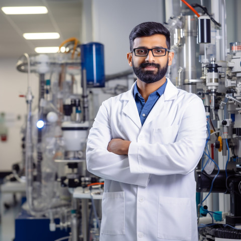 Confident handsome indian man biomedical engineer at work on blured background Confident handsome indian man biomedical engineer at work on blured background