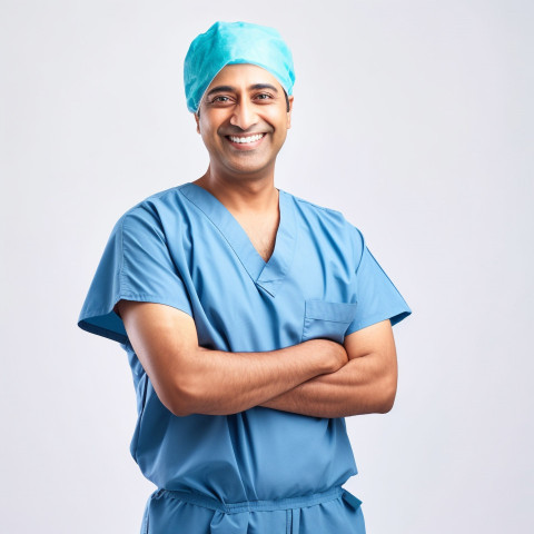 Friendly smiling handsome indian man surgeon at work on white background Friendly smiling handsome indian man surgeon at work on white background