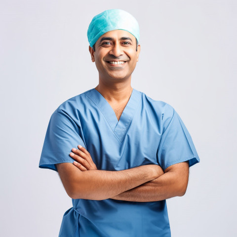 Friendly smiling handsome indian man surgeon at work on white background Friendly smiling handsome indian man surgeon at work on white background