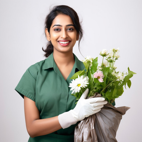 Friendly smiling beautiful indian woman environmental services staff at work on white background Friendly smiling beautiful indian woman environmental services staff at work on white background