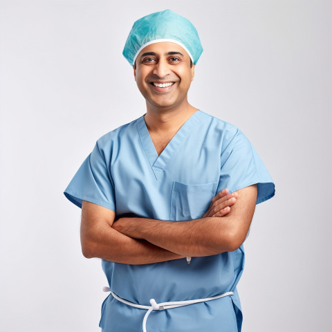 Friendly smiling handsome indian man surgeon at work on white background Friendly smiling handsome indian man surgeon at work on white background