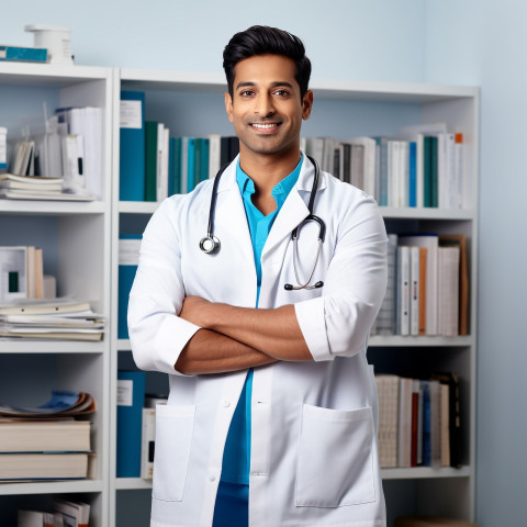 Confident handsome indian man medical assistant at work on blured background Confident handsome indian man medical assistant at work on blured background