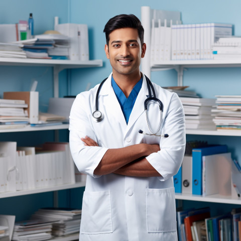 Confident handsome indian man medical assistant at work on blured background
