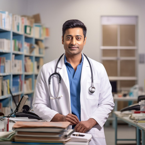Confident handsome indian man patient advocate at work on blured background Confident handsome indian man patient advocate at work on blured background
