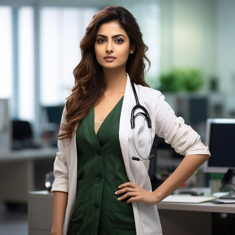 Confident beautiful indian woman patient advocate at work on blured background