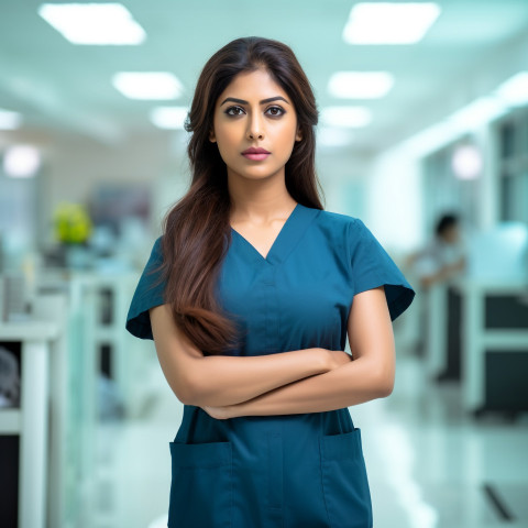 Confident beautiful indian woman hospital security personnel at work on blured background Confident beautiful indian woman hospital security personnel at work on blured background