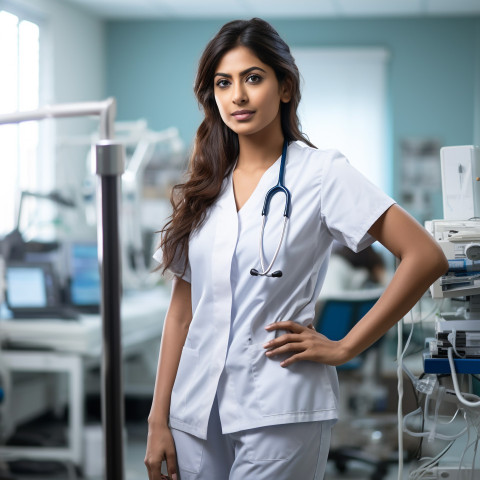 Confident beautiful indian woman occupational therapist at work on blured background Confident beautiful indian woman occupational therapist at work on blured background