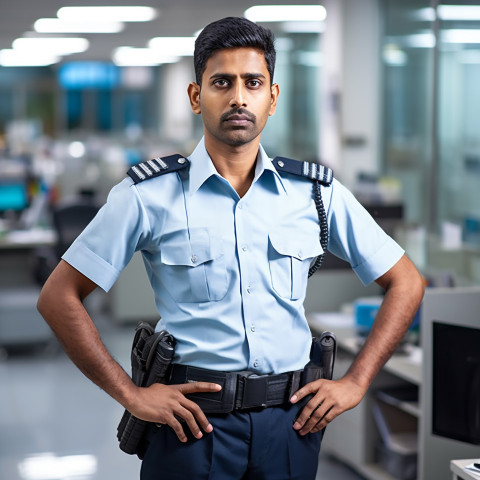 Confident handsome indian man hospital security personnel at work on blured background Confident handsome indian man hospital security personnel at work on blured background