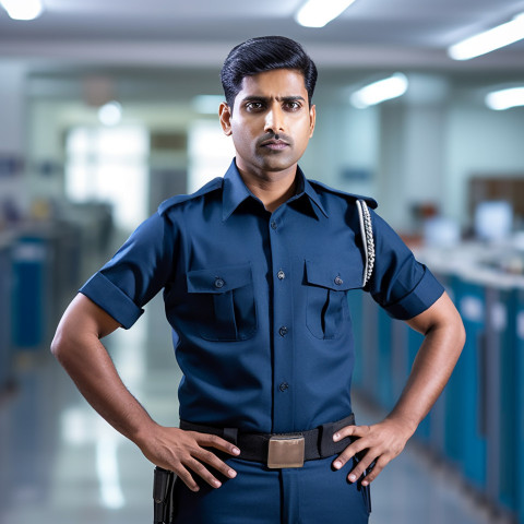 Confident handsome indian man hospital security personnel at work on blured background Confident handsome indian man hospital security personnel at work on blured background