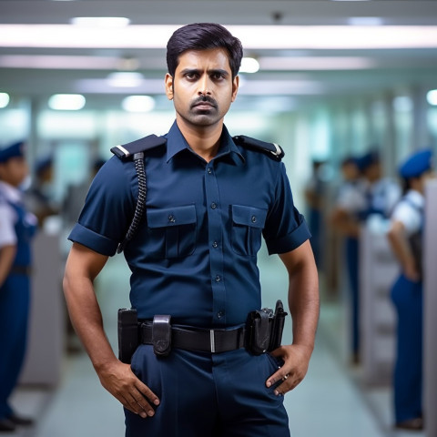 Confident handsome indian man hospital security personnel at work on blured background Confident handsome indian man hospital security personnel at work on blured background