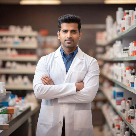 Confident handsome indian man pharmacist at work on blured background Confident handsome indian man pharmacist at work on blured background