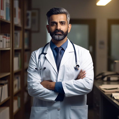 Confident handsome indian man physician at work on blured background Confident handsome indian man physician at work on blured background